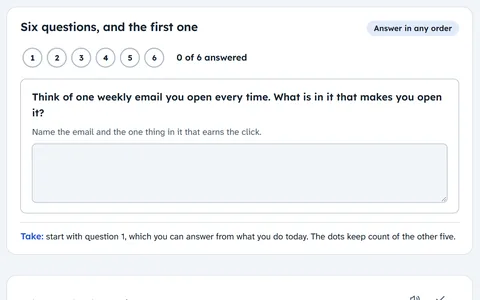 Six question dots and the first question ready to answer