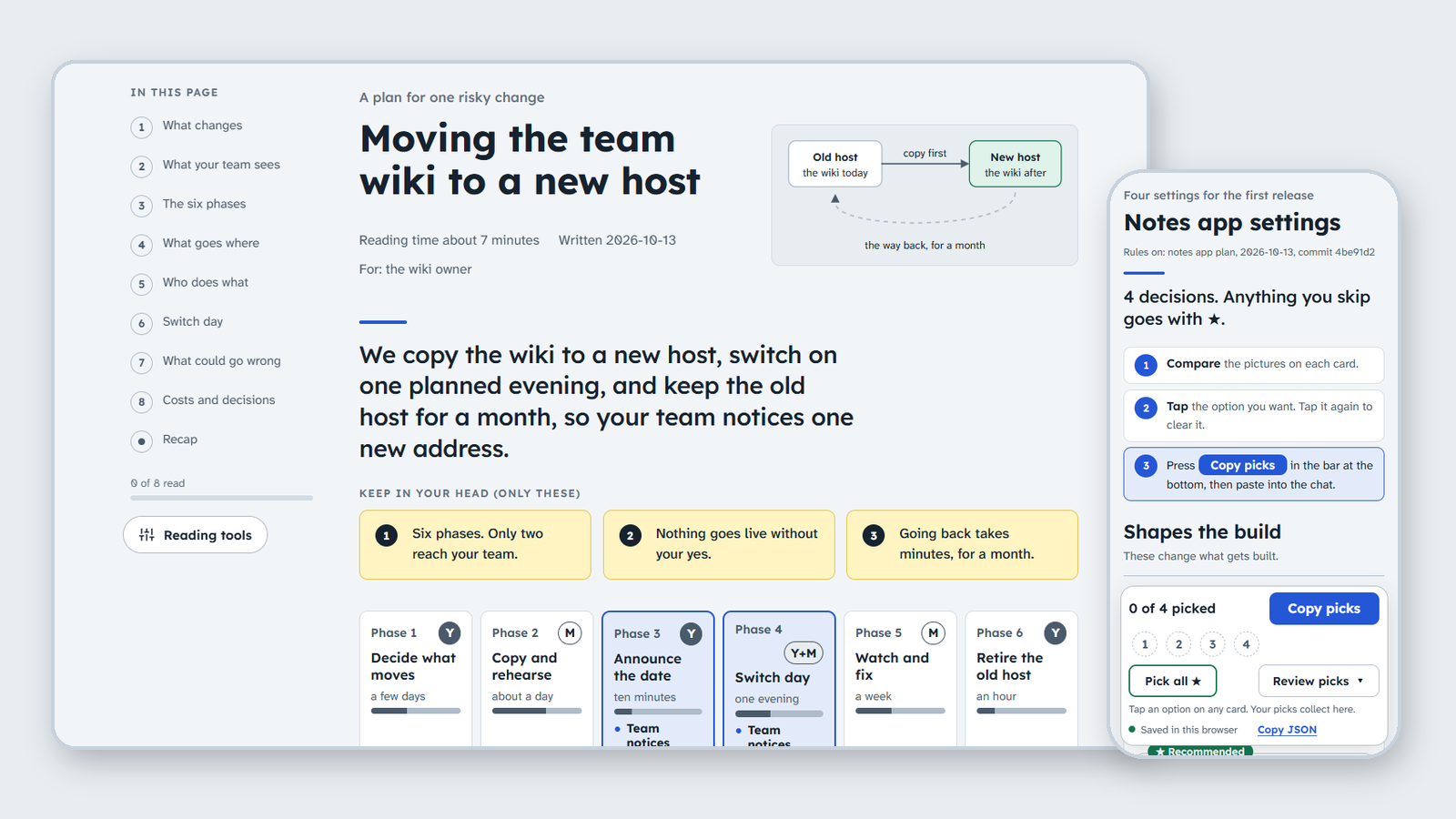 A plan page on a desktop and a decision ballot on a phone, both made by the plugin